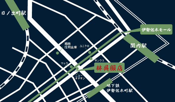 横浜市関内駅付近の尾張屋林呉服店へのアクセスマップ